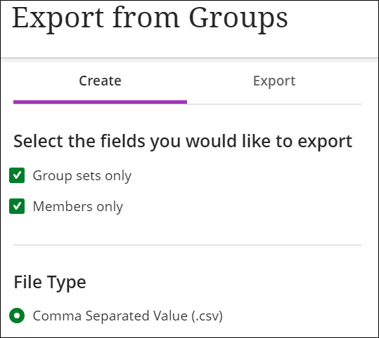 Export from Groups dialog box showing both Groups sets only and members only boxes ticked.