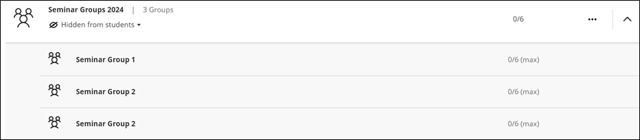 Screenshot of expanded Seminar Groups 2024 group set showing three Seminar groups with no students yet allocated.