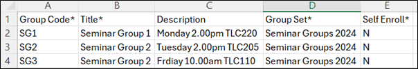 Example of the Group Set Template with populated group code, title, description, group set and self enrol columns.