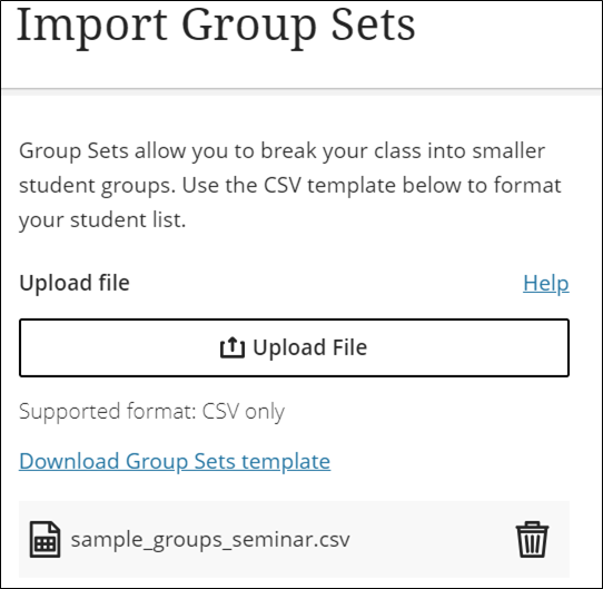 Screenshot of the Import Group Sets dialog showing the csv file uploaded.