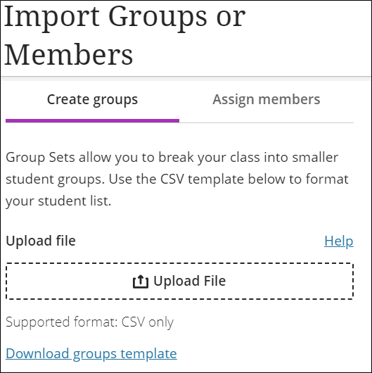 Screenshot showing the Create groups tab with Upload File and Download Groups Template options.