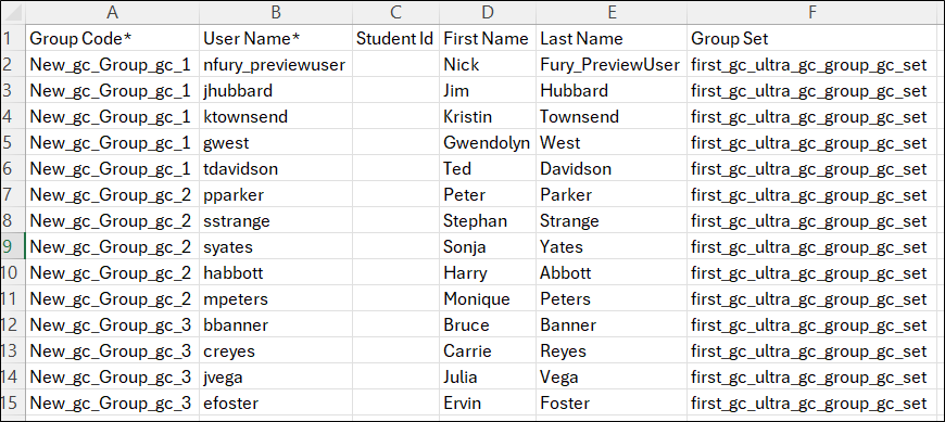 Example member template showing group code, user name, student ID, first name, last name and group set.