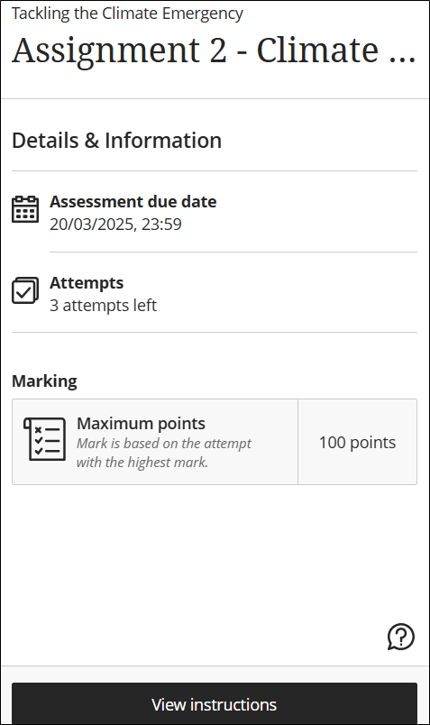 Screenshot showing the details of the assignment including the assessment due date, number of attempts and maximum points.