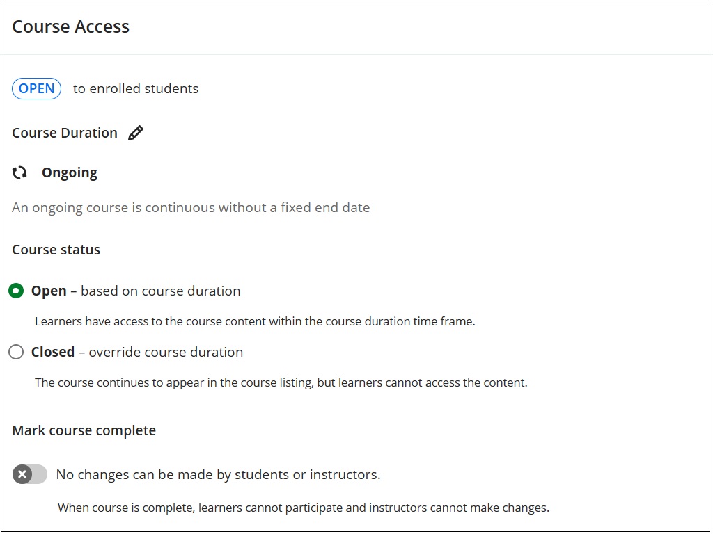 Screenshot of the Course Access settings.