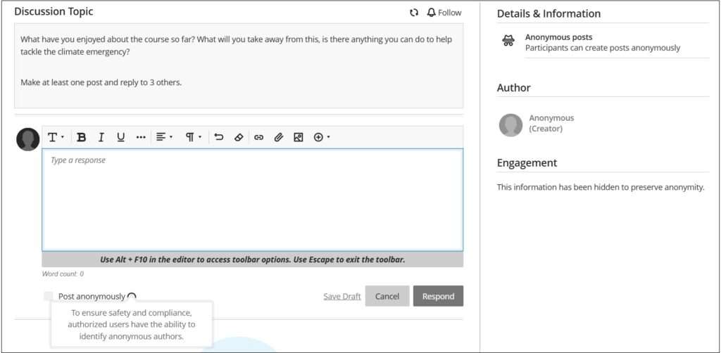 Screenshot showing the Post anonymously information pop-up warning administrators can identify anonymous posters.