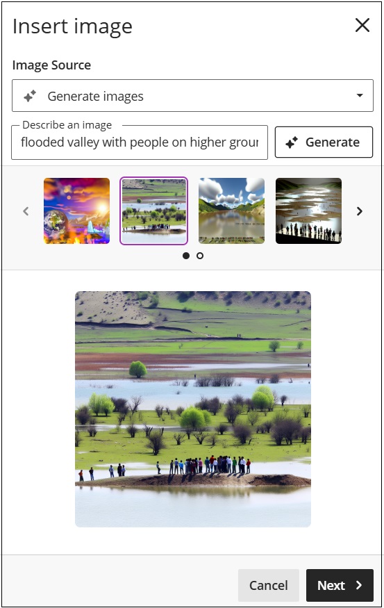 Screenshot of AI Image generation dialog box showing selected image and a clear description of the image required. Image shows a group of people on higher ground above a flooded valley.