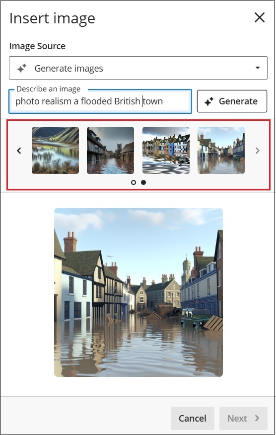 Screenshot showing multiple images generated with navigation between the pages containing the images. There are currently 2 pages with next and previous navigation buttons.