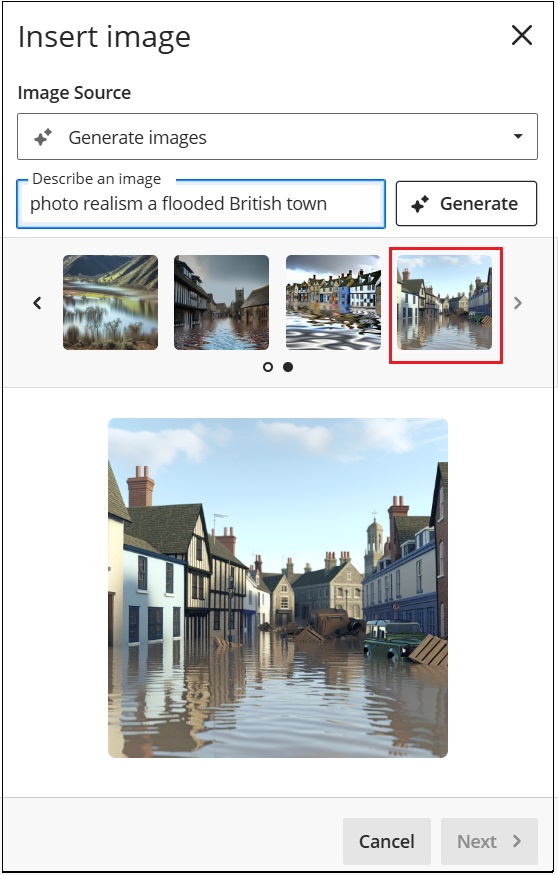 Screenshot of the AI image generator with one image selected from those generated and displayed below, image shows a British town flooded.