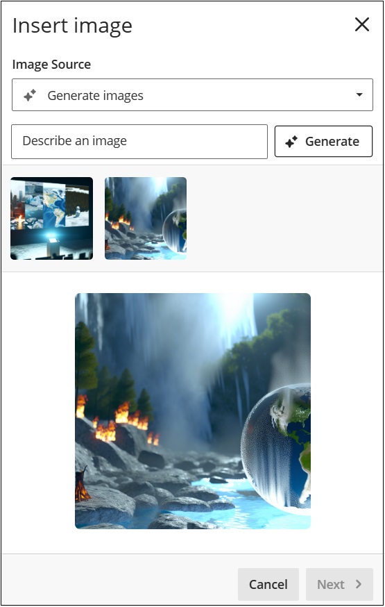 A screenshot of the AI image generation window showing the current generated image in the main section of the dialog box and the previous images at the top.