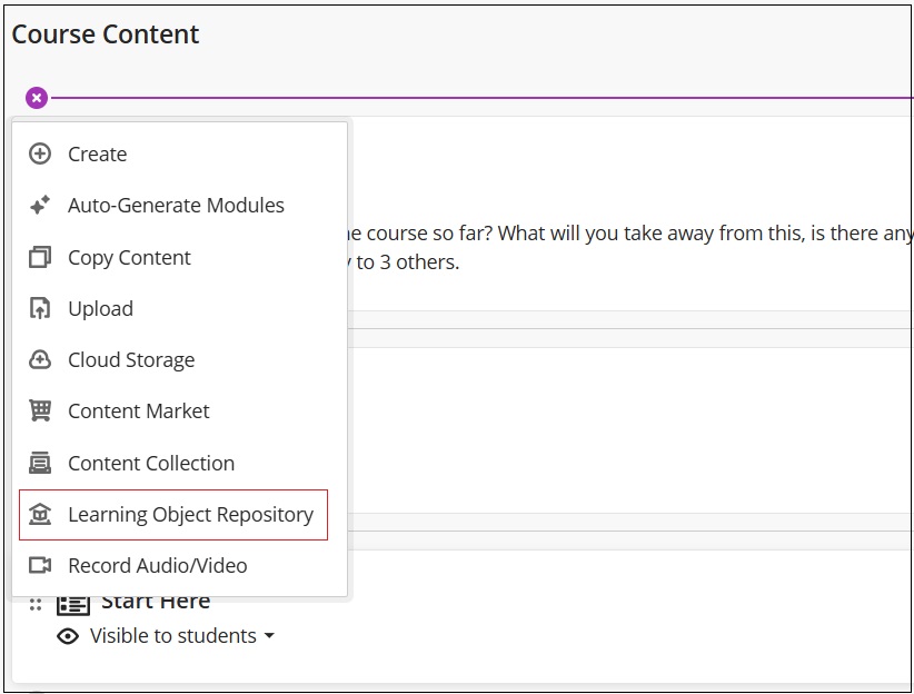 Add item menu showing Learning Object Repository added.