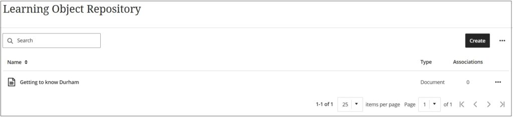 Learning object repository showing one item added, search bar and Create button.