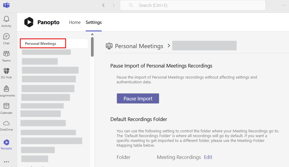 Panopto integration in Microsoft Teams, showing options under the 'Settings' tab