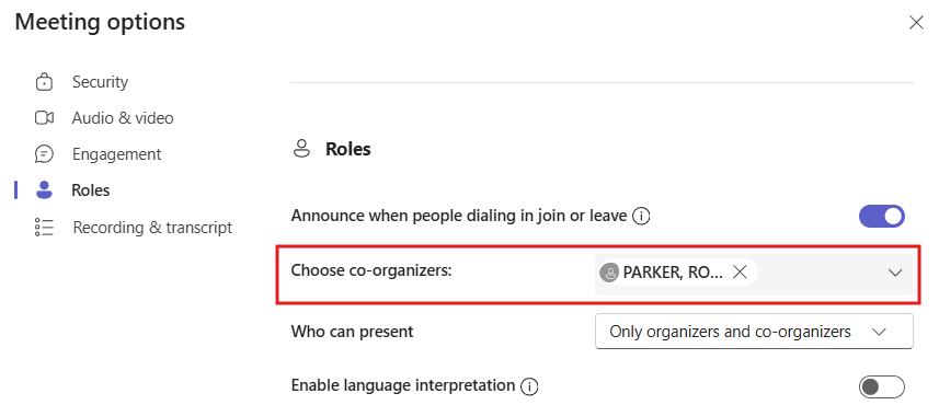 Teams 'Meeting options', under 'Roles', named individual added to 'Choose co-organizers:' option