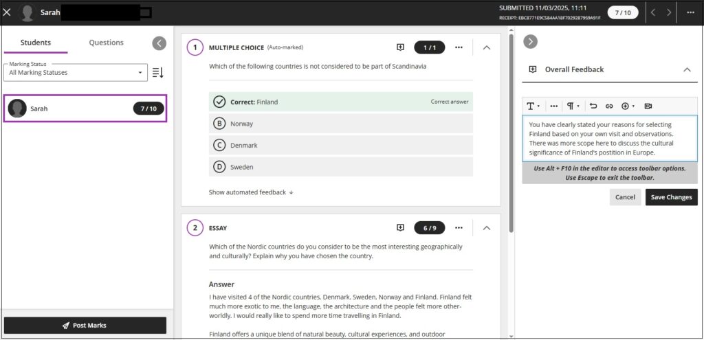 Screenshot showing a multiple choice question and an essay question with marking window visible on the right.
