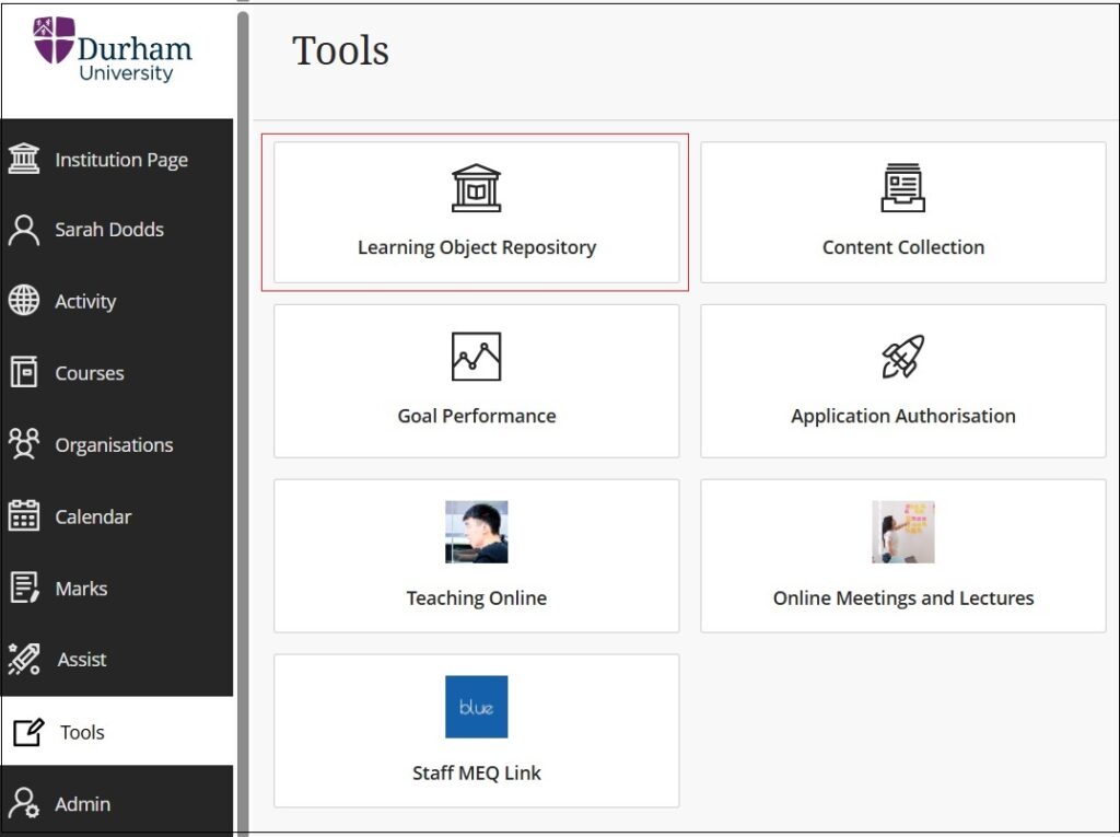 Tools option showing Learning Object Repository.
