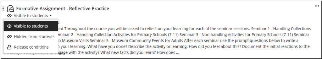 Visibility menu the main content window showing Visible to Students selected. The other options are Hidden from students and Release conditions.