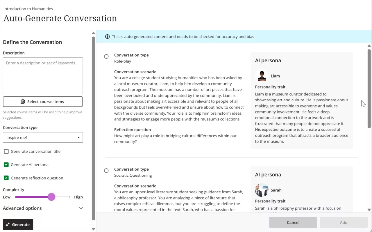 Example of an AI generated conversation using the auto generate button showing alternative conversation types