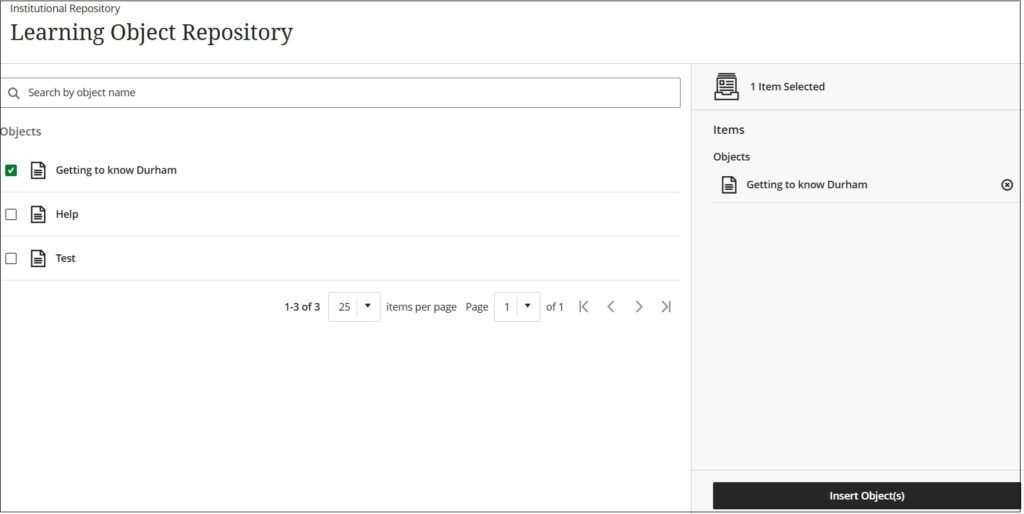 Learning object repository search box and selected item ticked and displayed on right of screen.