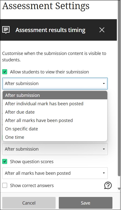 Test settings showing students are allowed to view their submission after the results have been posted.