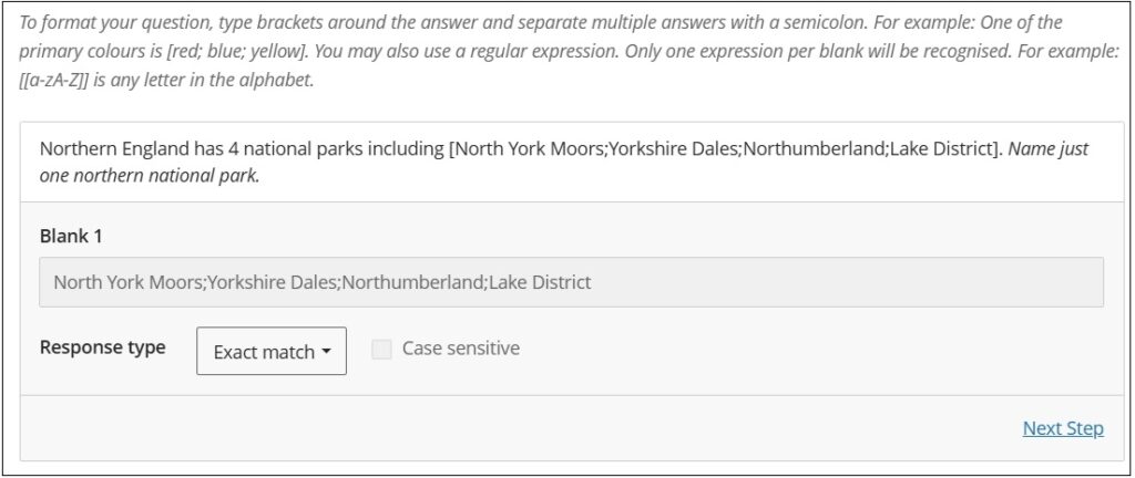 Example of a fill in the blanks question with multiple options for the answer.