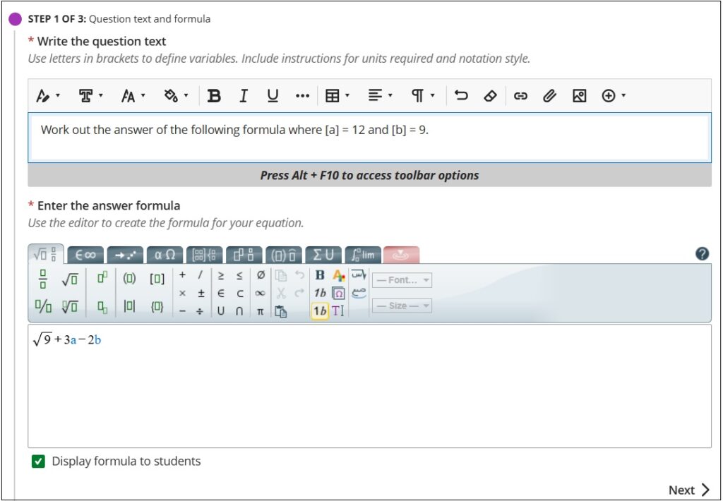 Step 1 of the calculated formula question stating question text and showing the formula the students are being asked to resolve. The Display formula to students check box is ticked.