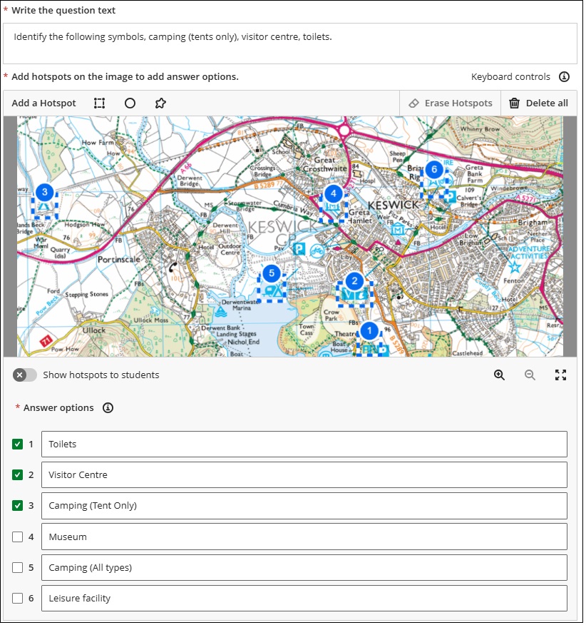 Ordnance Survey map showing 6 hotspots, 3 of which are correct and 3 incorrect. These are listed below.