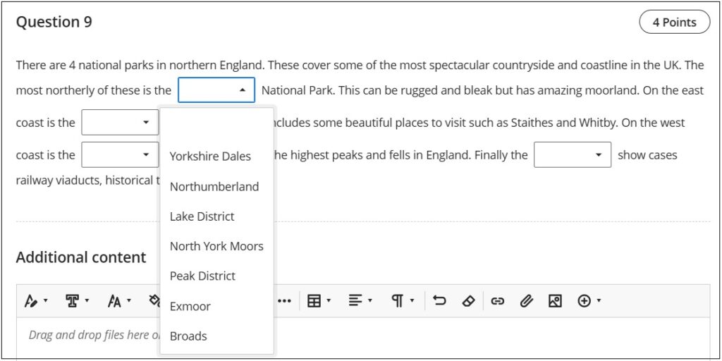 Student view of a jumbled sentence question with the first missing variable drop-down menu visible for student to select answer.