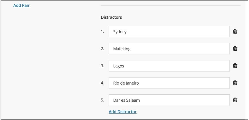 Examples of distractors for match question where the previous capital cities have been entered.
