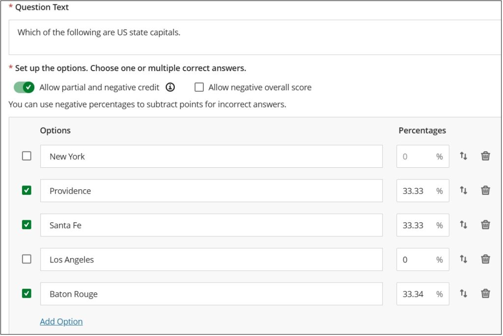 Multiple choice question settings listing 5 possible US state capital answers with partial credit split between the 3 correct answers.