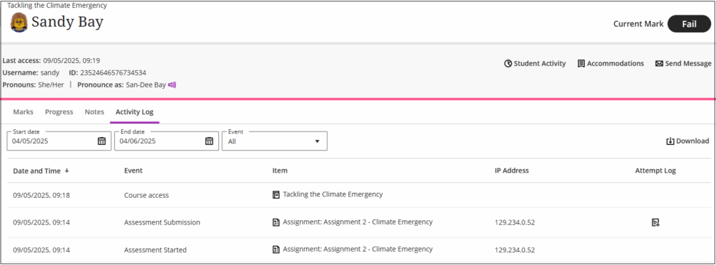 Example of an activity log showing the dated and time, event, learning item, IP address where the item has been submitted from, i.e. assignment submission and the attempt log.