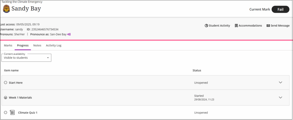 The Progress tab for an individual student with the visibility set for the students to see showing unopened items and items in progress with the date and time started.