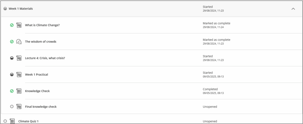 Example of an expanded learning module showing the pogress of each item within the learning module makred as complete, started or unopened.