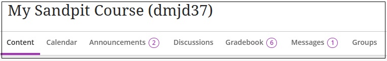 Course menu bar showing number of new announcements and messages as numbers in purple circles.