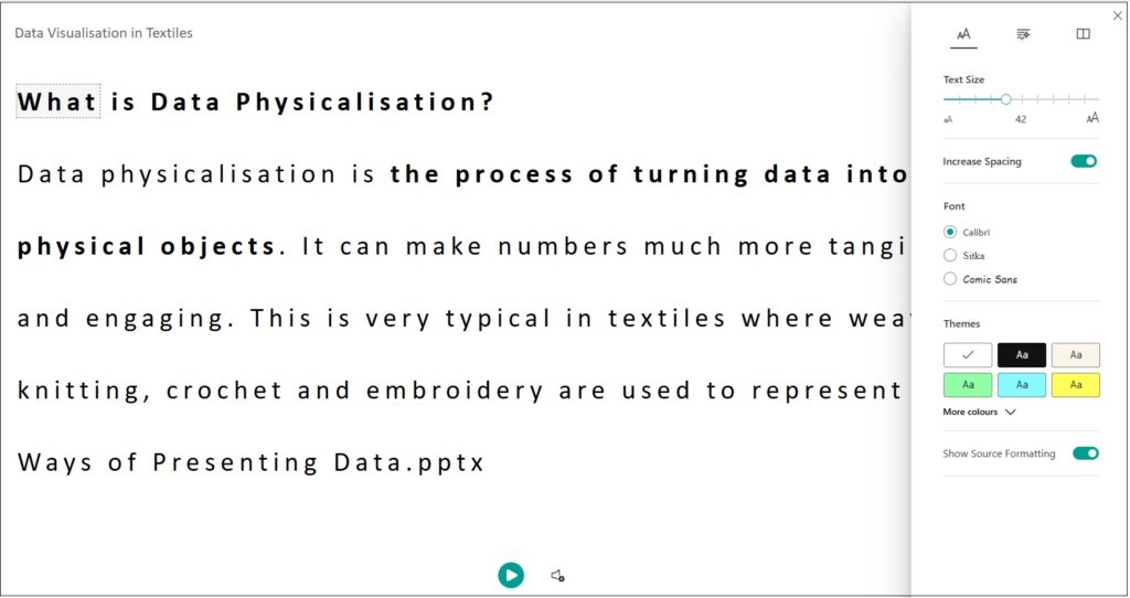 Immersive reader showing panel to adjust the font size, spacing, font type and source formatting.