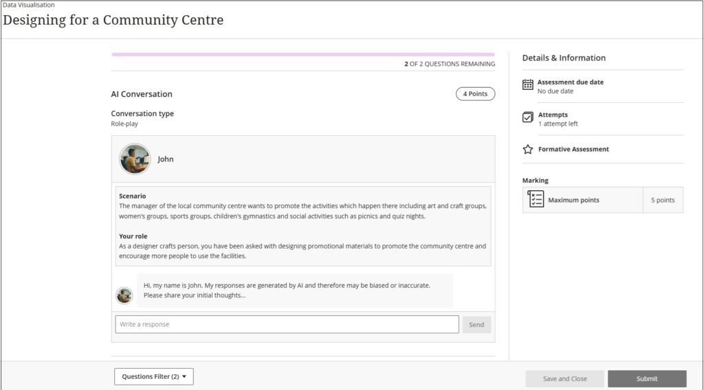 AI Conversation Role Play screen showing Scenario, participant's role and the AI persona.