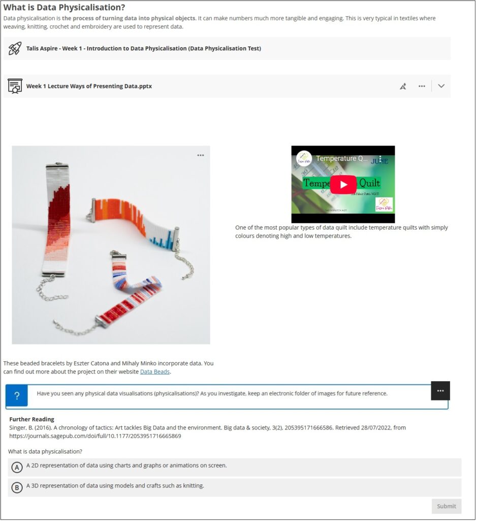 Document showing text, link to reading list, embedded file, image, video, highlighted question and knowledge check question.