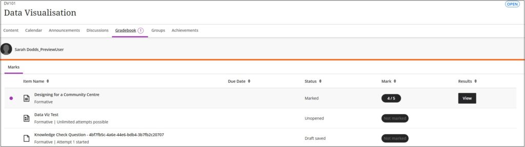Gradebook page showing list of assessments with a variety of statuses, Marked, Unopened and Draft saved.