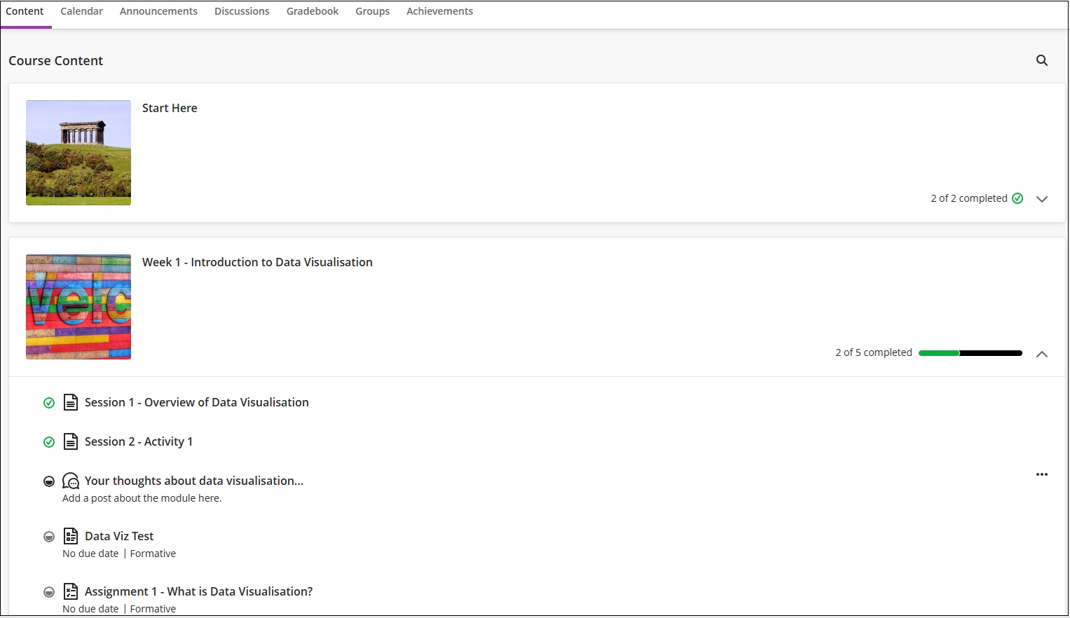 Student view of Course Content showing learning modules. Start Here learning module has been completed, Week 1 module is in progress with 2 of 5 items completed.
