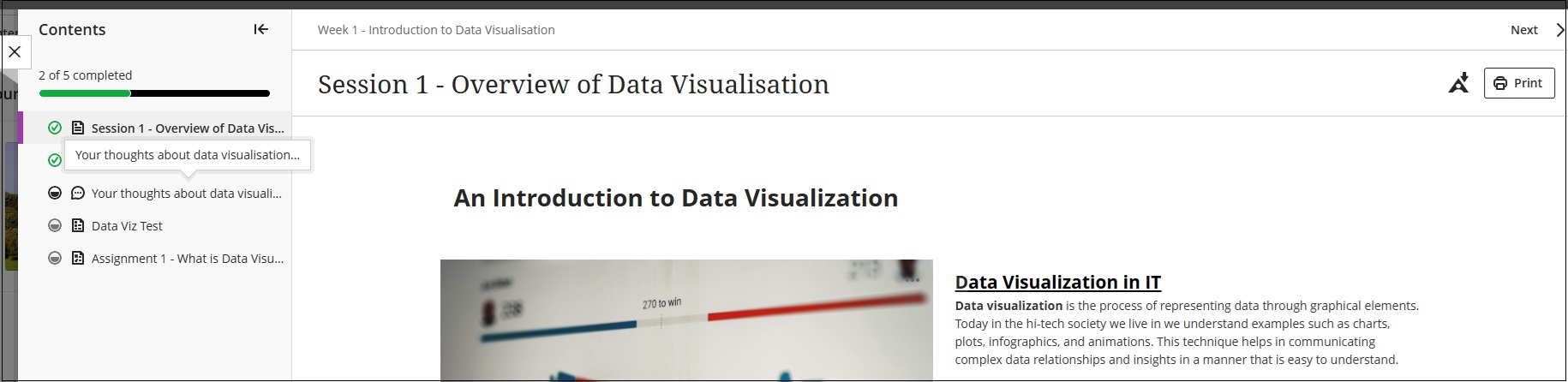 Learning module contents with menu showing completed items and items in progress.