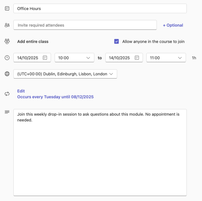 settings page for teams meetings