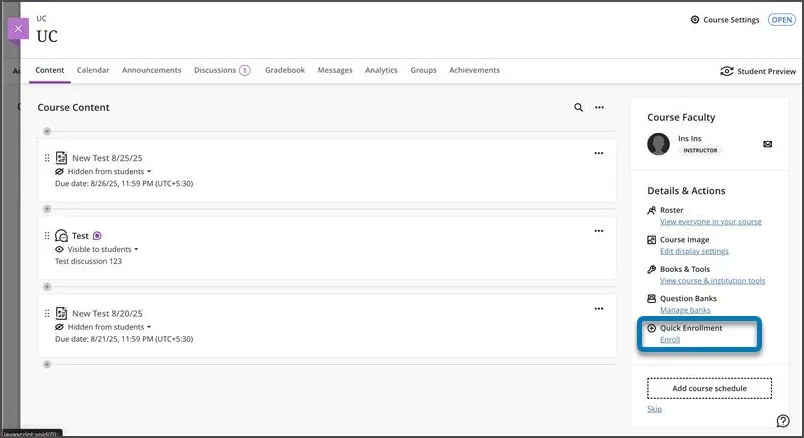 Quick Enrolment option under Details & Actions showing Enrol link