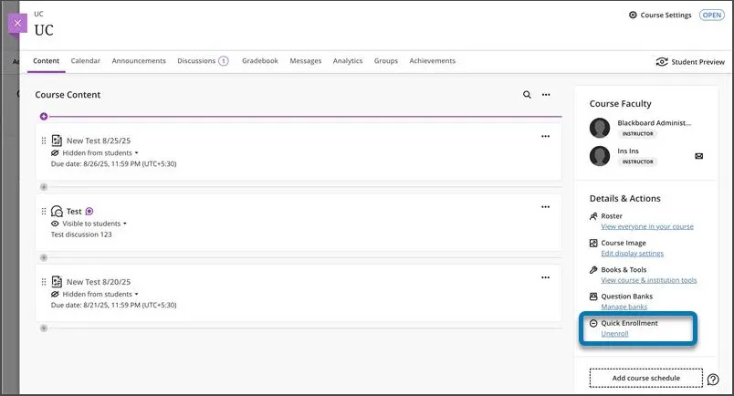Quick Enrolment option under Details & Actions showing Unenrol link